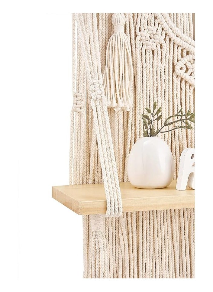 ماركة غير محددة ماكونو رف معلق على الحائط بتصميم بوهو لديكور غرفة النوم وغرفة المعيشة والحضانة في الداخل - مصنوع يدويا من حبل بوهيمي منسوج للتعليق على الحائط ارفف خشبية عائمة لاطارات الصور شماعات نباتات مع ديكور بيج  - Image 4