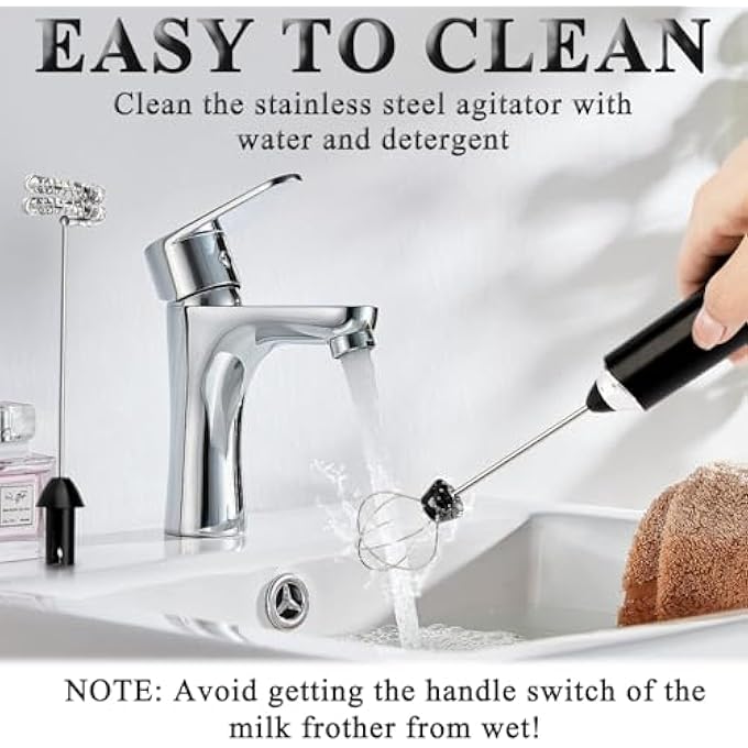 كاست ويف خلاط حليب كهربائي مزدوج الخفق، عصا خلاط حليب محمولة للقهوة، خلاط مشروبات قابل لإعادة الشحن عبر USB، 3 سرعات قابلة للتعديل للاتيه والكابتشينو والشوكولاتة الساخنة والبيض باللون الأسود - Image 4