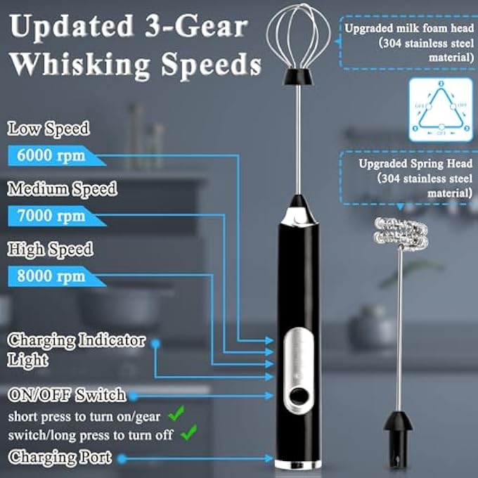كاست ويف خلاط حليب كهربائي مزدوج الخفق، عصا خلاط حليب محمولة للقهوة، خلاط مشروبات قابل لإعادة الشحن عبر USB، 3 سرعات قابلة للتعديل للاتيه والكابتشينو والشوكولاتة الساخنة والبيض باللون الأسود - Image 3