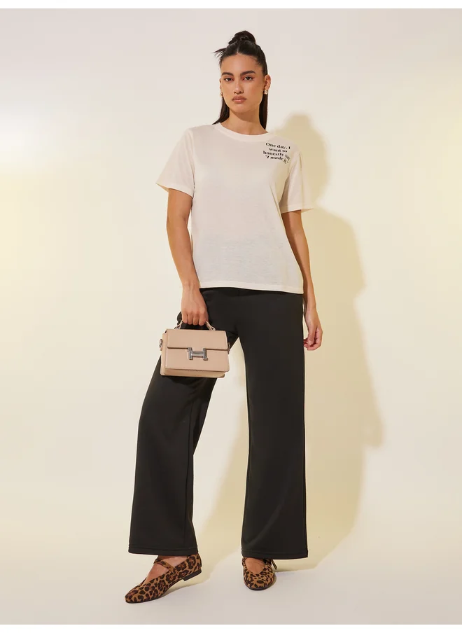 تايك تو Take Two Slogan Print Round Neck T-Shirt