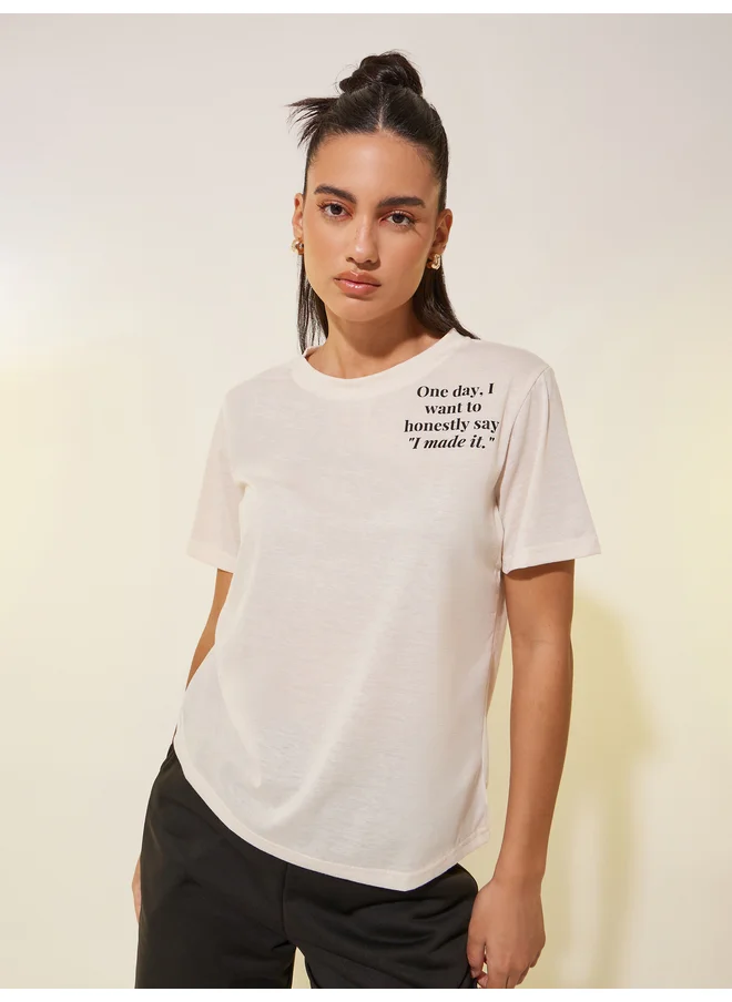تايك تو Take Two Slogan Print Round Neck T-Shirt