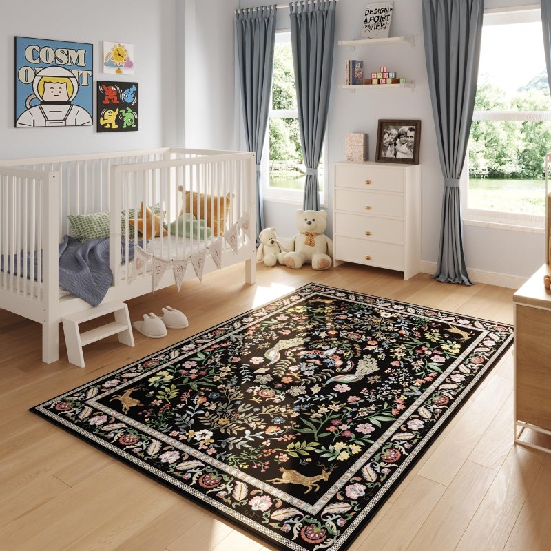 Rugcomf Area Rug 4x6 Rug Washable Rugs Floral Non Slip Low Pile Small Carpet for Bedroom, Bedside, Kids Room, Office, Dining Room (Vibrant Black) - Image 5