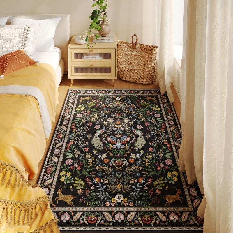 Rugcomf Area Rug 4x6 Rug Washable Rugs Floral Non Slip Low Pile Small Carpet for Bedroom, Bedside, Kids Room, Office, Dining Room (Vibrant Black) - Image 3