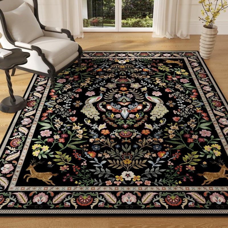 Rugcomf Area Rug 4x6 Rug Washable Rugs Floral Non Slip Low Pile Small Carpet for Bedroom, Bedside, Kids Room, Office, Dining Room (Vibrant Black) - Image 1
