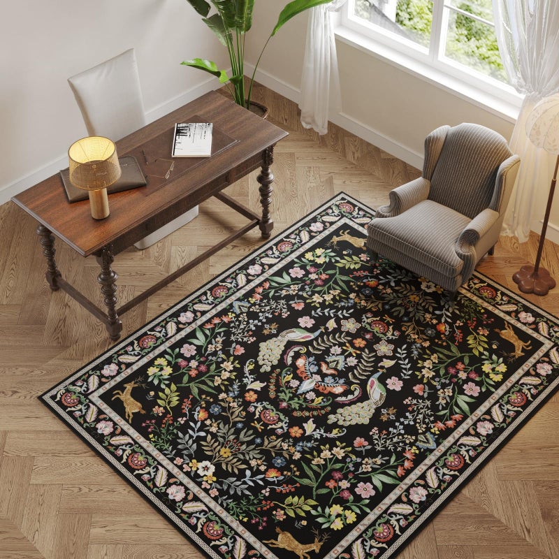 Rugcomf Area Rug 4x6 Rug Washable Rugs Floral Non Slip Low Pile Small Carpet for Bedroom, Bedside, Kids Room, Office, Dining Room (Vibrant Black) - Image 4