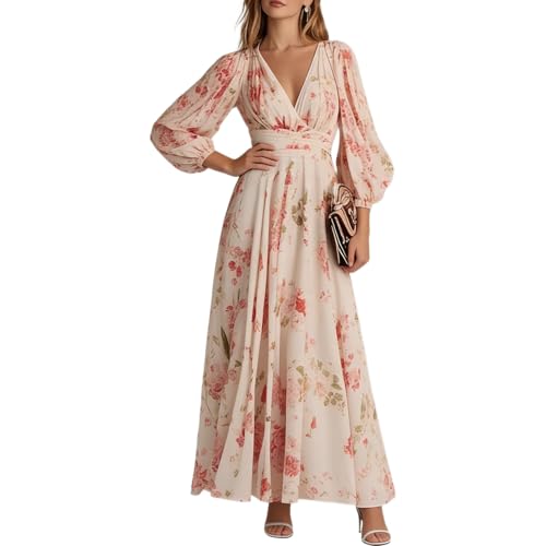 XNC Long Sleeve Dresses for Women 2026 Spring Summer Casual Boho Floral Chiffon Dress Tulle Flowy Maxi Wedding Guest Dress Pink - Image 1