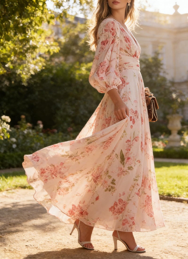 XNC Long Sleeve Dresses for Women 2026 Spring Summer Casual Boho Floral Chiffon Dress Tulle Flowy Maxi Wedding Guest Dress Pink - Image 3
