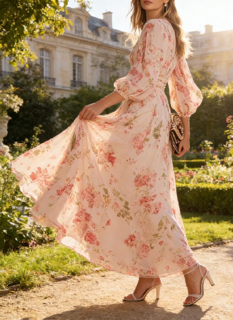 XNC Long Sleeve Dresses for Women 2026 Spring Summer Casual Boho Floral Chiffon Dress Tulle Flowy Maxi Wedding Guest Dress Pink - Image 2