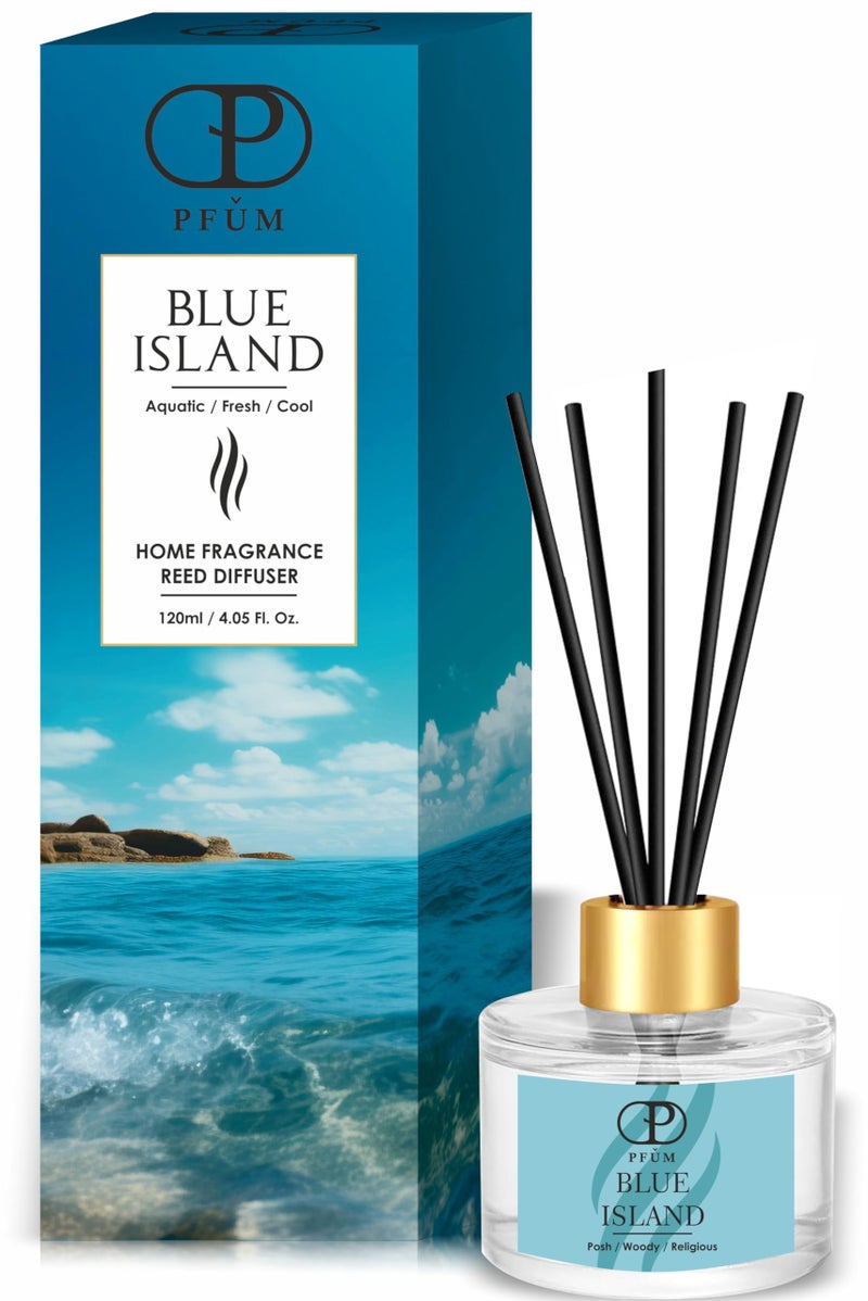 PFUM Blue Island Reed Diffuser Set for Home Fragrance | 120ml with 6 Sticks | Luxury Fragrance Reed Diffuser for Home, Office, Spa, Restaurants & Showrooms - Image 1