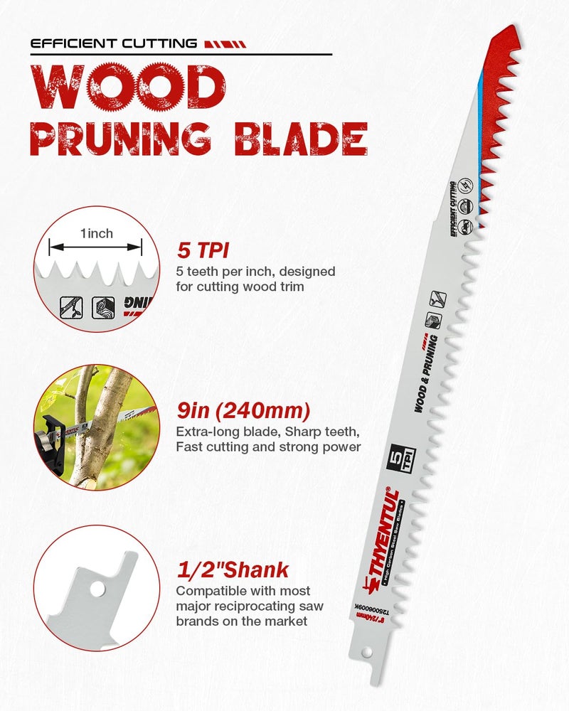 THYENTUL Wood Pruning Reciprocating Saw Blades,9 Inch Pruning Blades for Reciprocating Saw,Durable High Carbon Steel Reciprocal Saw Blades for Fast Tree Pruning & Wood Cutting (5 Pack/5TPI) - Image 2
