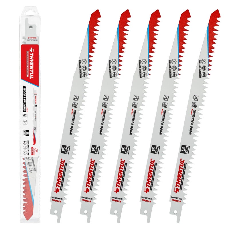 THYENTUL Wood Pruning Reciprocating Saw Blades,9 Inch Pruning Blades for Reciprocating Saw,Durable High Carbon Steel Reciprocal Saw Blades for Fast Tree Pruning & Wood Cutting (5 Pack/5TPI) - Image 1