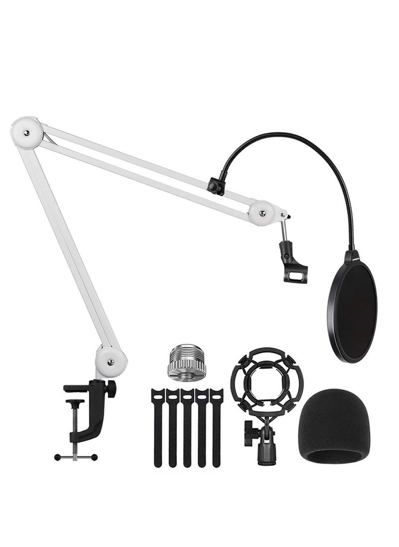 لففا حامل ميكروفون Boom Arm، حامل ميكروفون عالي التحمل مع حامل ميكروفون قابل للتعديل بمقص تعليق مع حامل مكتبي، برغي 3/8 بوصة إلى 5/8 بوصة، روابط كابل، لتسجيل الألعاب والبث الصوتي (أبيض، 55 سم)  - Image 1