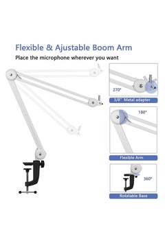 LEFAFA Boom Arm Mic Stand,  Heavy Duty Microphone Arm Stand Suspension Scissor Adjustable Mic Stand with Desk Mount, 3/8” to 5/8" Screw, Cable Ties, for Recording Gaming Streaming Podcasting(White, 55 cm)  - Image 2