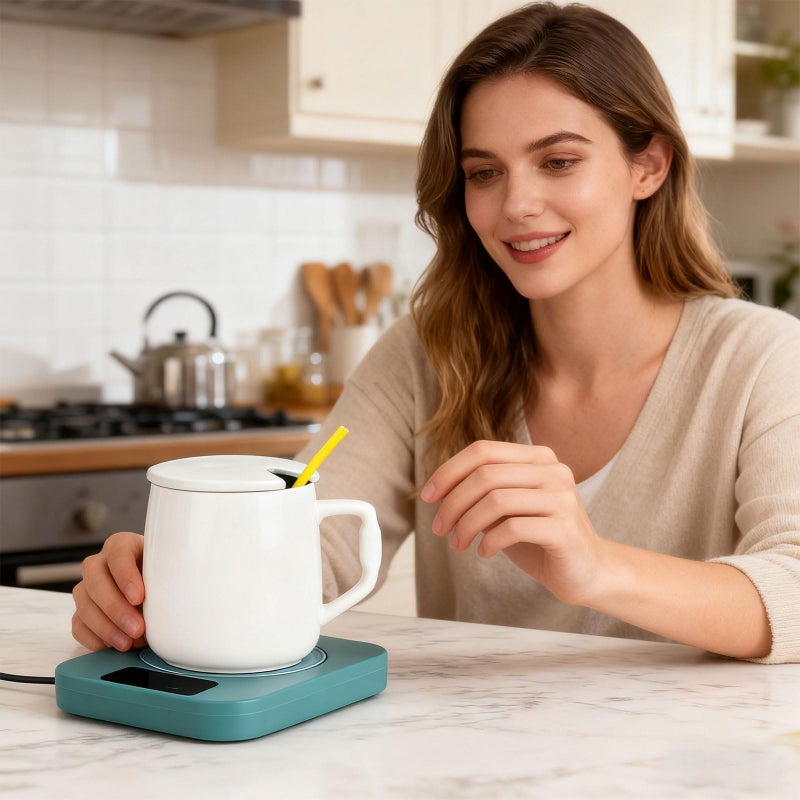Green Coffee Mug Warmer Desk Mat For Milk Tea Heating Pad Home Office - Image 3