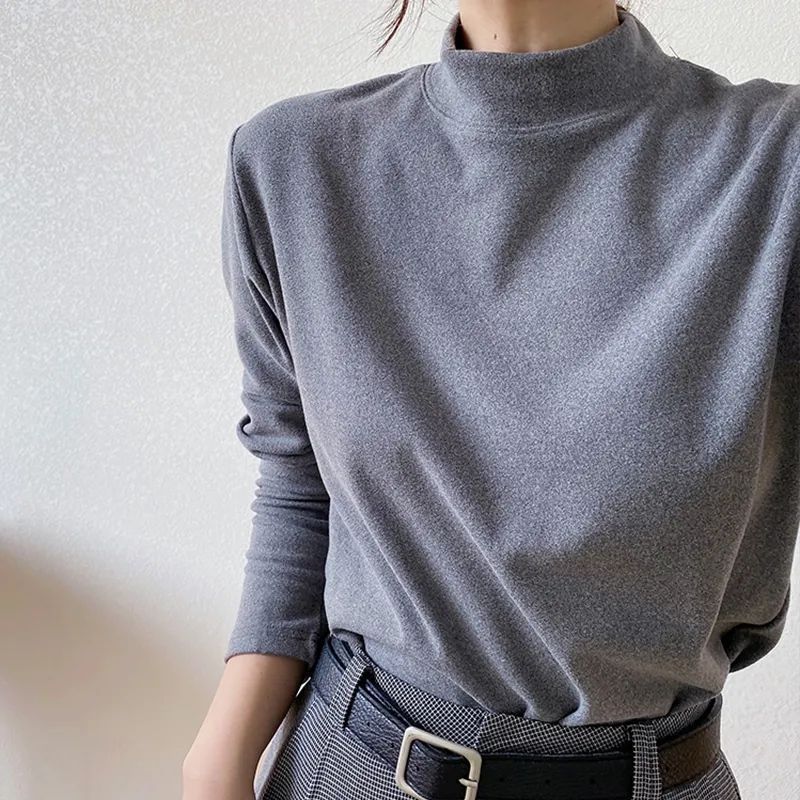 Super Warm Double-Sided Velvet Thickened Base Shirt Women'S Western Style Half-High Neck Brushed White Long-Sleeved T-Shirt - Image 1