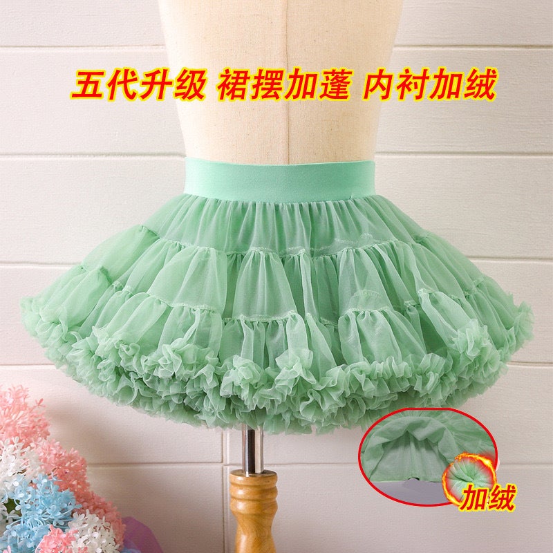 Three generations of Gabon girls spring and autumn dance performance skirt dress gauze childrens princess skirt tutu culottes Green (5.0 fleece-lined version skirt lining) 