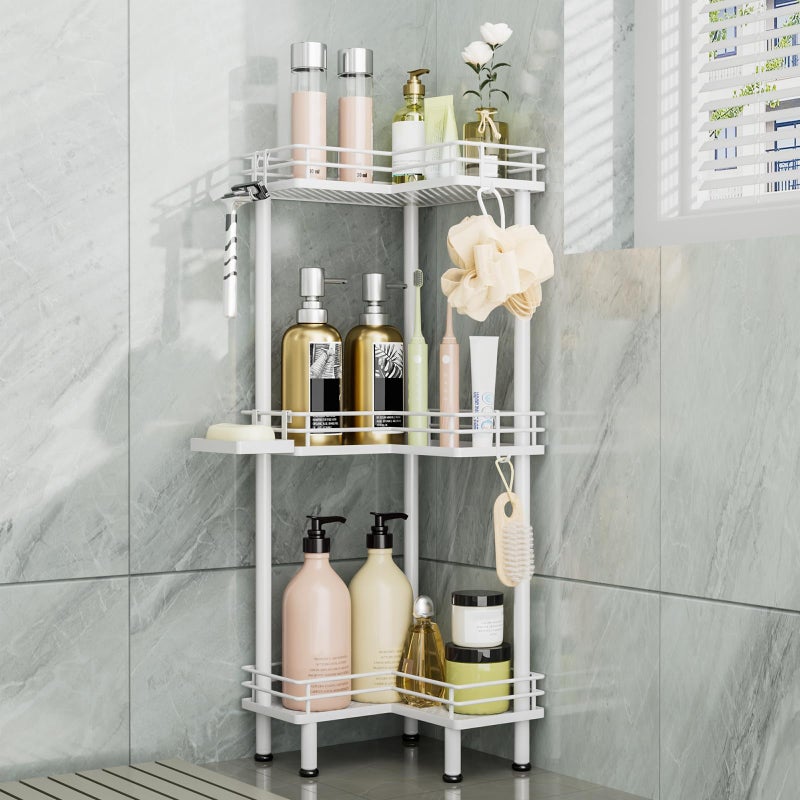 Consumest Corner Shower Caddy Standing  3Tier Stainless Steel Shower Organizer with Soap Holder and 4 Hooks Large Capacity Corner Shelf Stand for Bathroom Rest Room White