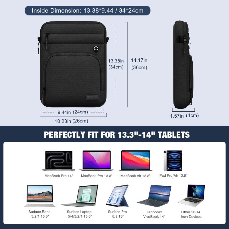 MoKo 13-14 Inch 360Â° Protective Laptop Sleeve Bag, Fits Mac Neo 13/Air 13/13.3/13.6 Inch, Mac Pro 13/14 Inch, Surface Pro 9/8/10/11 13", Multi Pockets with Shoulder and Headphone Port, Black - Image 2