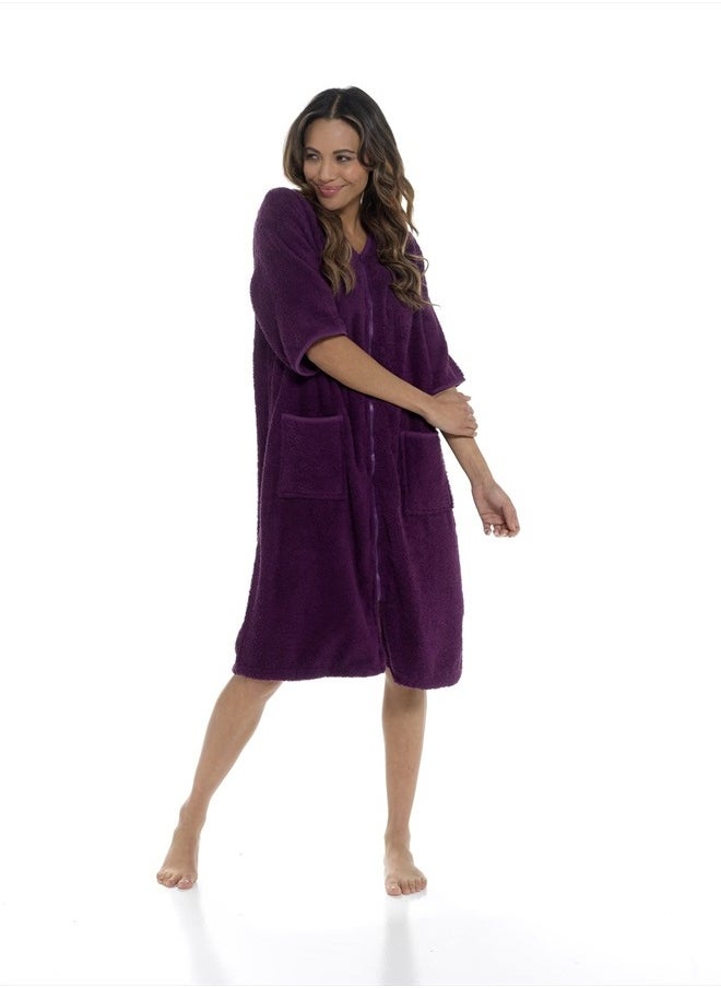 fashion_junction - Ladies/Womens 100% Cotton Terry Towelling Zip Front Dressing Gown/Bathrobe/Housecoat (Plum, Medium) - Image 1