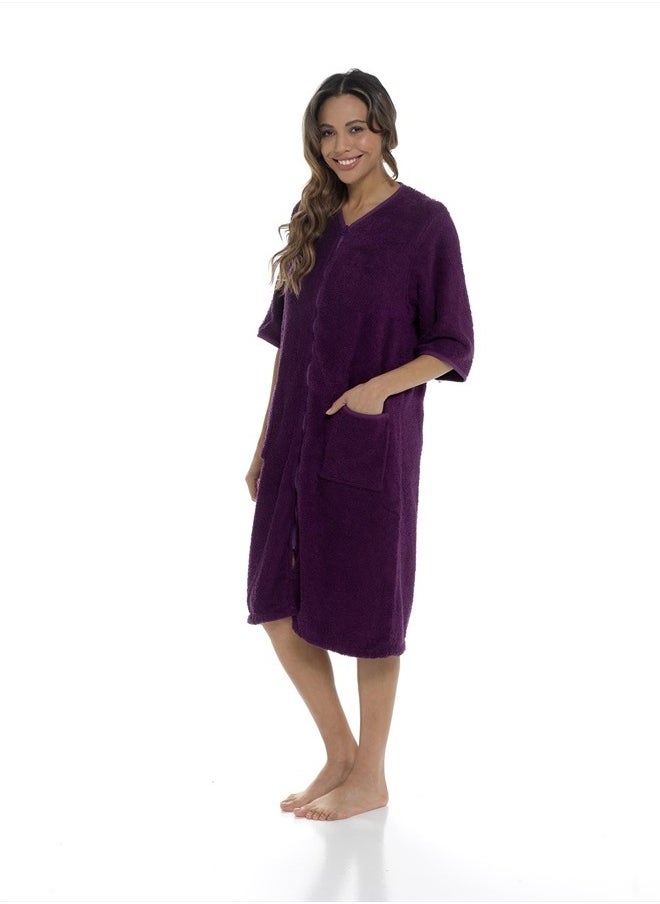 fashion_junction - Ladies/Womens 100% Cotton Terry Towelling Zip Front Dressing Gown/Bathrobe/Housecoat (Plum, Medium) - Image 1