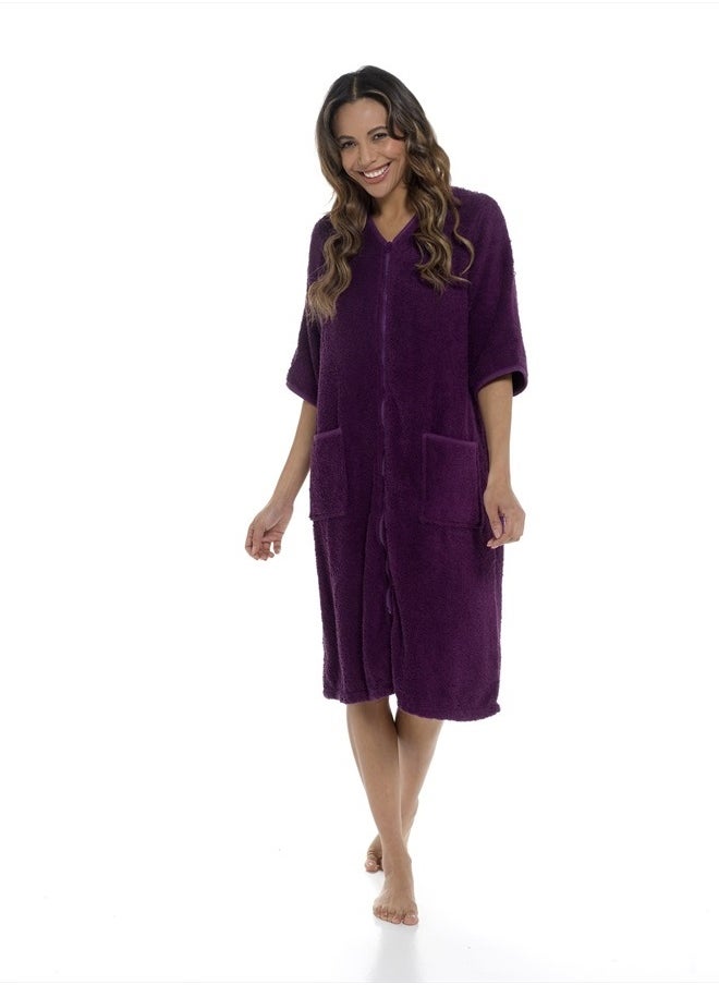 fashion_junction - Ladies/Womens 100% Cotton Terry Towelling Zip Front Dressing Gown/Bathrobe/Housecoat (Plum, Medium) - Image 1
