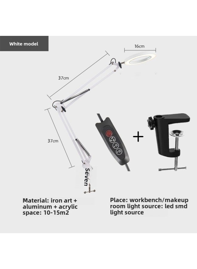 LED Long Arm Magnifying Glass Lamp Eye Protection Desk Lamp Study Dormitory Lamp Clip Desktop Maintenance Magnifying Glass Lamp-Light Source Power:12-Light Color:Long Arm White With Aluminum Clip (10-speed Dimming/3-speed Color Adjustment + Magnifying Glass) Water Drop Switch