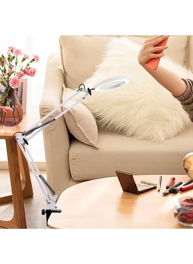 LED Long Arm Magnifying Glass Lamp Eye Protection Desk Lamp Study Dormitory Lamp Clip Desktop Maintenance Magnifying Glass Lamp-Light Source Power:12-Light Color:Long Arm White With Aluminum Clip (10-speed Dimming/3-speed Color Adjustment + Magnifying Glass) Water Drop Switch