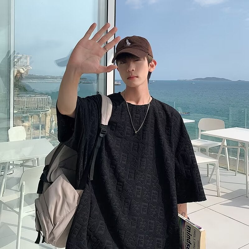 White Design Sense High Sense Ice Silk Quick-Drying Hollow Short-Sleeved T-Shirt Men'S Oversize High Street Fashion Brand 7-Point Sleeve Summer - Image 1