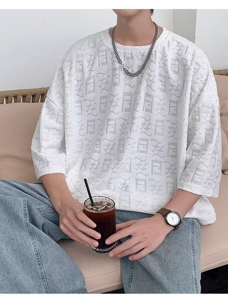 White Design Sense High Sense Ice Silk Quick-Drying Hollow Short-Sleeved T-Shirt Men'S Oversize High Street Fashion Brand 7-Point Sleeve Summer - Image 2