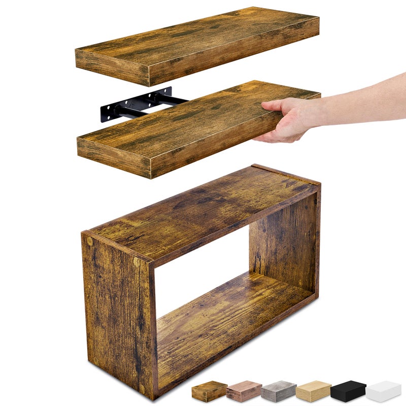 Sorbus Floating Shelves for Wall Set of 3  Bathroom Shelves for Wall Storage Over Toilet Bedroom Farmhouse Decor  2 Floating Shelves with Invisible Brackets  1 Rectangular Box Walnut