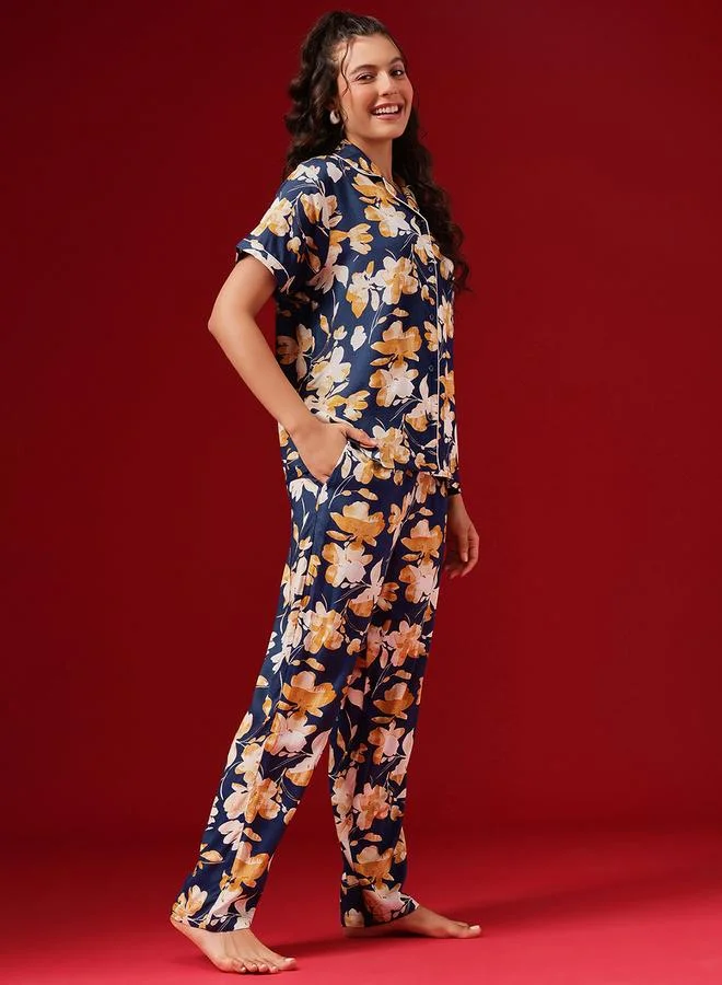 Clovia Floral Print Button Down Shirt and Pyjama Set