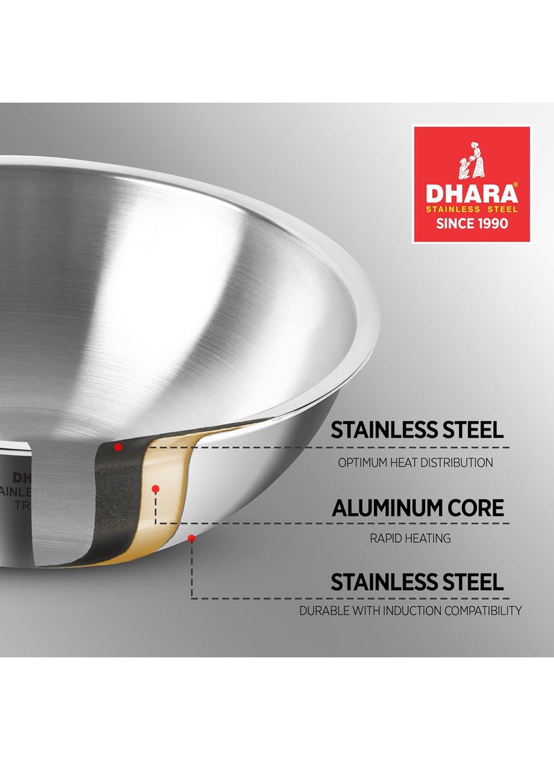 Dhara Stainless Steel Dhara Stainless Steel Gas and Induction Compatible Tri ply Tasla with SS Lid 18 Cm 1 Litre Heat Resistant Matt Finish Surface PFOA Free Dishwasher Safe Steel Deep Frying Tasla for Kitchen  - Image 3