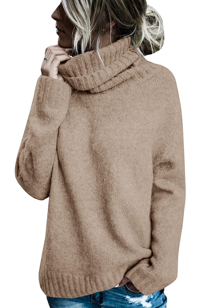 FISACE Womens Oversized Turtleneck Pullover Sweater Cable Knit Long Sleeve Sweater Tops A-Khaki - Image 1
