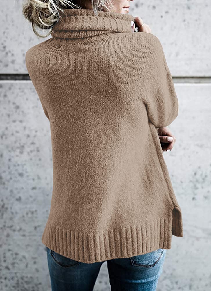 FISACE Womens Oversized Turtleneck Pullover Sweater Cable Knit Long Sleeve Sweater Tops A-Khaki - Image 4