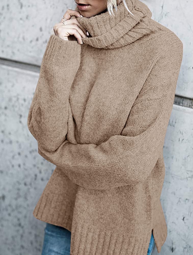 FISACE Womens Oversized Turtleneck Pullover Sweater Cable Knit Long Sleeve Sweater Tops A-Khaki - Image 3