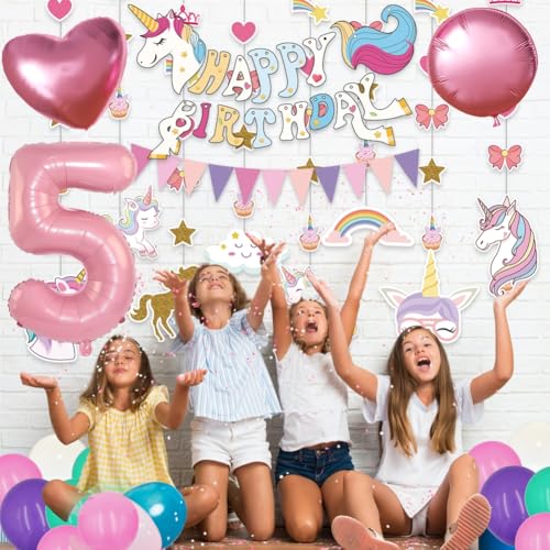 FIGEPO 5th Girl Birthday Unicorn Party Decorations set 5 Year Old Party Supplies for Girls with Balloons Garland kit Birthday Tablecloth Unicorn Banner - Image 5