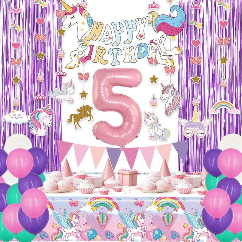 FIGEPO 5th Girl Birthday Unicorn Party Decorations set 5 Year Old Party Supplies for Girls with Balloons Garland kit Birthday Tablecloth Unicorn Banner - Image 3