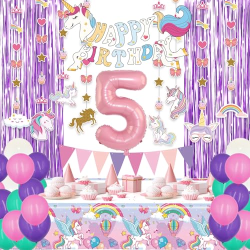 FIGEPO 5th Girl Birthday Unicorn Party Decorations set 5 Year Old Party Supplies for Girls with Balloons Garland kit Birthday Tablecloth Unicorn Banner - Image 1
