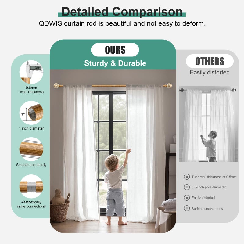 QDWIS Boho Wood Curtain Rods for Windows 48 to 84 inch,1" Adjustable Heavy Duty Window Curtain Rod with Imitation Wood Grain Finials,Rustic Decorative Drapery Rods Set,Size:36-88'',Maple Wood - Image 3