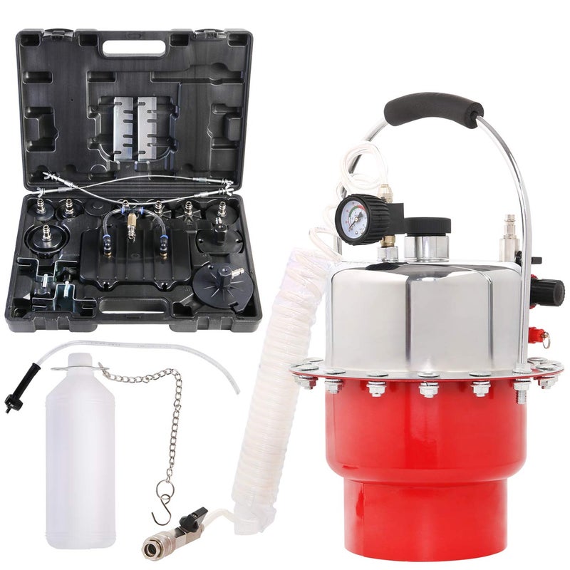 YSTOOL Brake Bleeder Kit Pneumatic Pressure Brake Clutch Fluid Bleeding Tool Set with Master Cylinder Adatpers Air Power Pressurized Oil Change Bleeder Machine and Waste Oil Collection Bottle Red