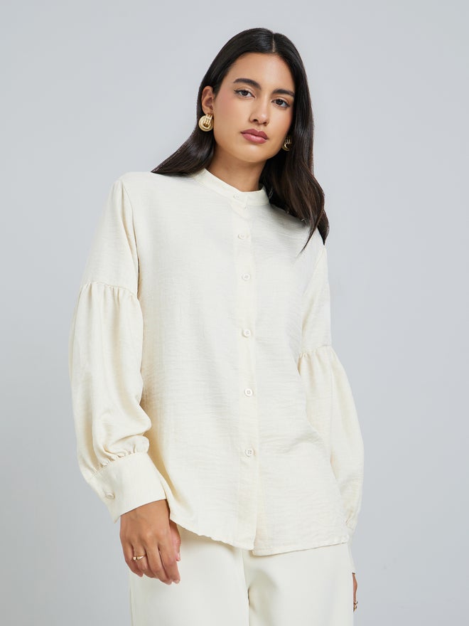 Styli Cream Lantern Sleeve Solid Shirt - Image 3