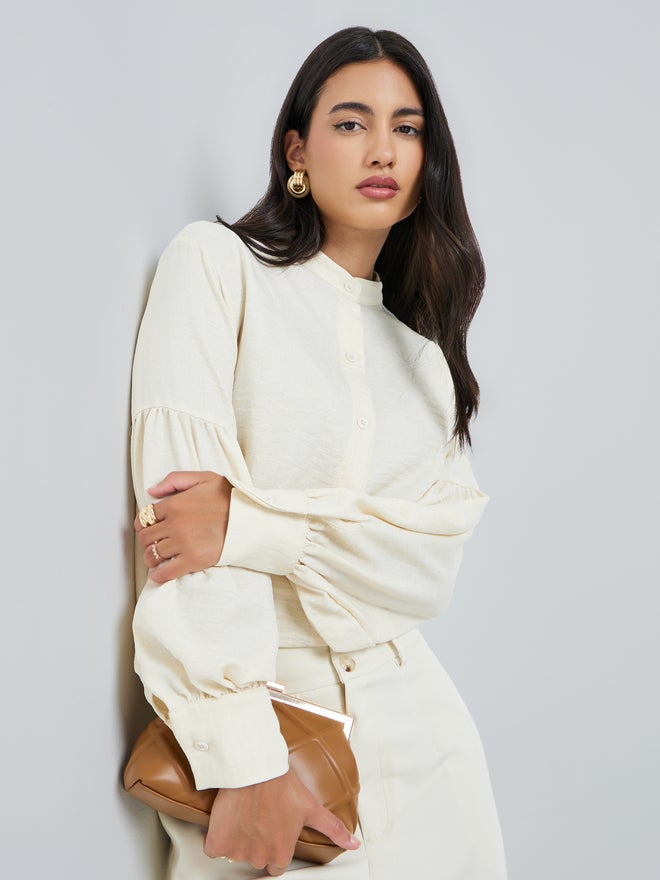 Styli Cream Lantern Sleeve Solid Shirt - Image 3