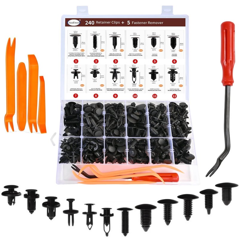 JinnEterri 240PCS Car Bumper Retainer Clips Kit - Auto Plastic Rivets & Push Fasteners Set, Most Popular Sizes for Door Trim, Panel, Fender - Compatible with GM, Ford, Toyota, Honda, Chrysler - Image 1