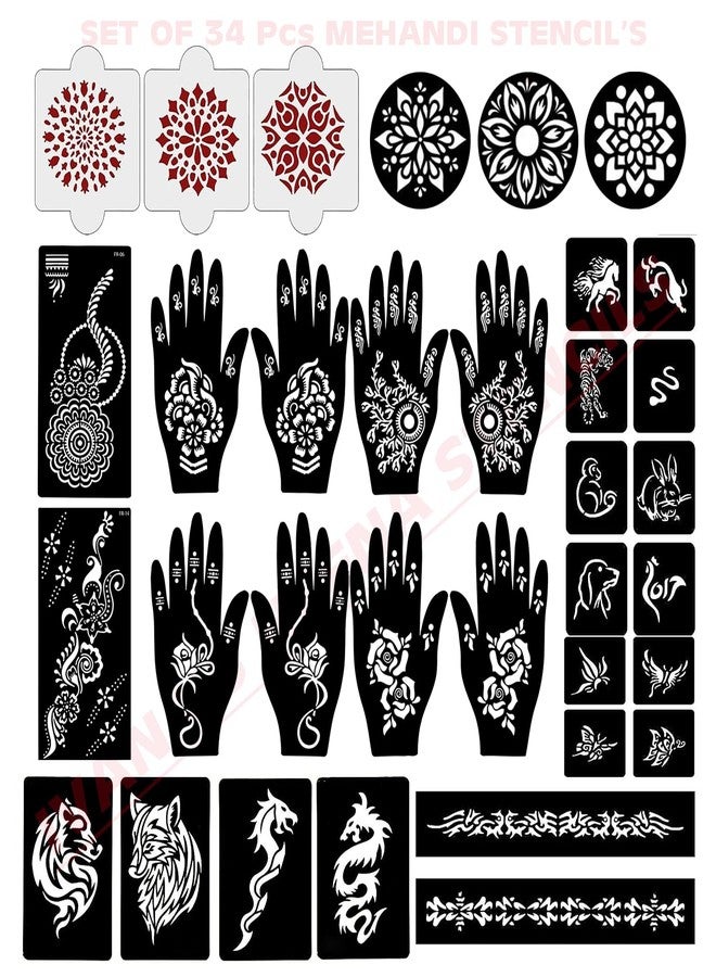 إيفاناز مجموعة إيفانا المكونة من 34 قطعة من قوالب الحناء القابلة لإعادة الاستخدام لليدين والمعصم والجسم والظهر والرقبة والوجه، عبوة كومبو من القوالب للنساء والفتيات والأطفال، سهلة الاستخدام في 4 خطوات فقط، مجموعة تصميم هندي، A2136 - Image 1