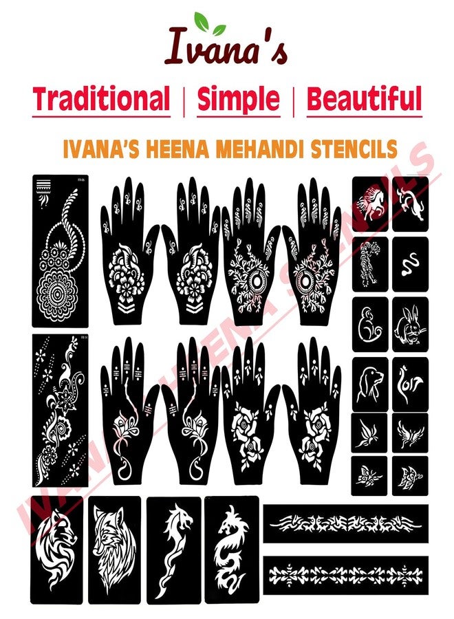إيفاناز مجموعة إيفانا المكونة من 34 قطعة من قوالب الحناء القابلة لإعادة الاستخدام لليدين والمعصم والجسم والظهر والرقبة والوجه، عبوة كومبو من القوالب للنساء والفتيات والأطفال، سهلة الاستخدام في 4 خطوات فقط، مجموعة تصميم هندي، A2136 - Image 5
