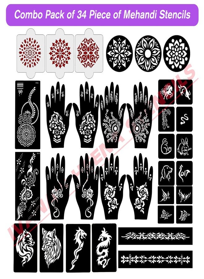 إيفاناز مجموعة إيفانا المكونة من 34 قطعة من قوالب الحناء القابلة لإعادة الاستخدام لليدين والمعصم والجسم والظهر والرقبة والوجه، عبوة كومبو من القوالب للنساء والفتيات والأطفال، سهلة الاستخدام في 4 خطوات فقط، مجموعة تصميم هندي، A2136 - Image 2