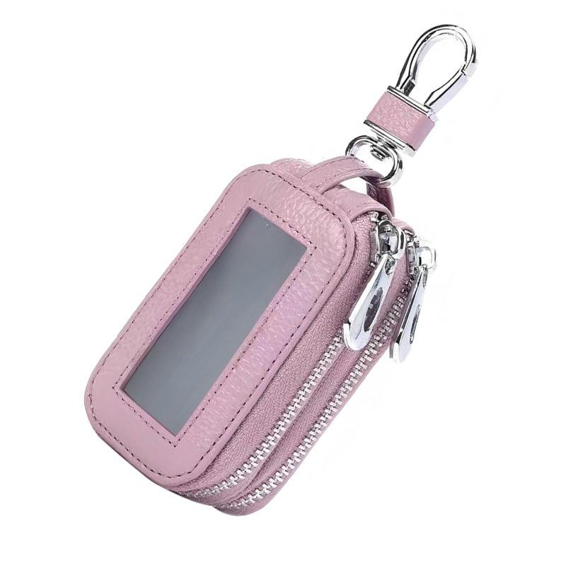 yorpyep Key Fob Case Leather Doublelayer Storage Remote Case Key Fob Holder with Clear Window for Most Cars Pink - Image 3