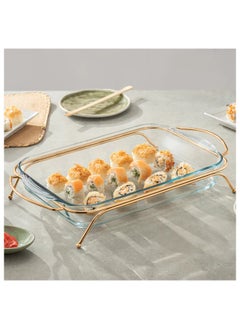 Borcam Rectangular Food Warmer with Handles - 3.85 Lit - Gold Plated Metal & Tempered Glass 