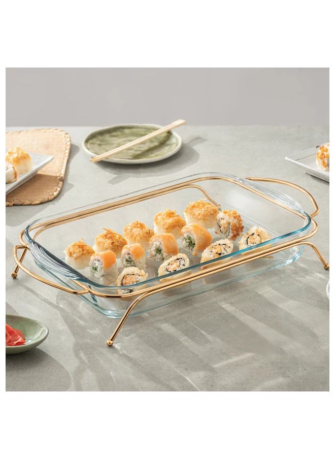 Borcam Rectangular Food Warmer with Handles - 3.85 Lit - Gold Plated Metal & Tempered Glass 