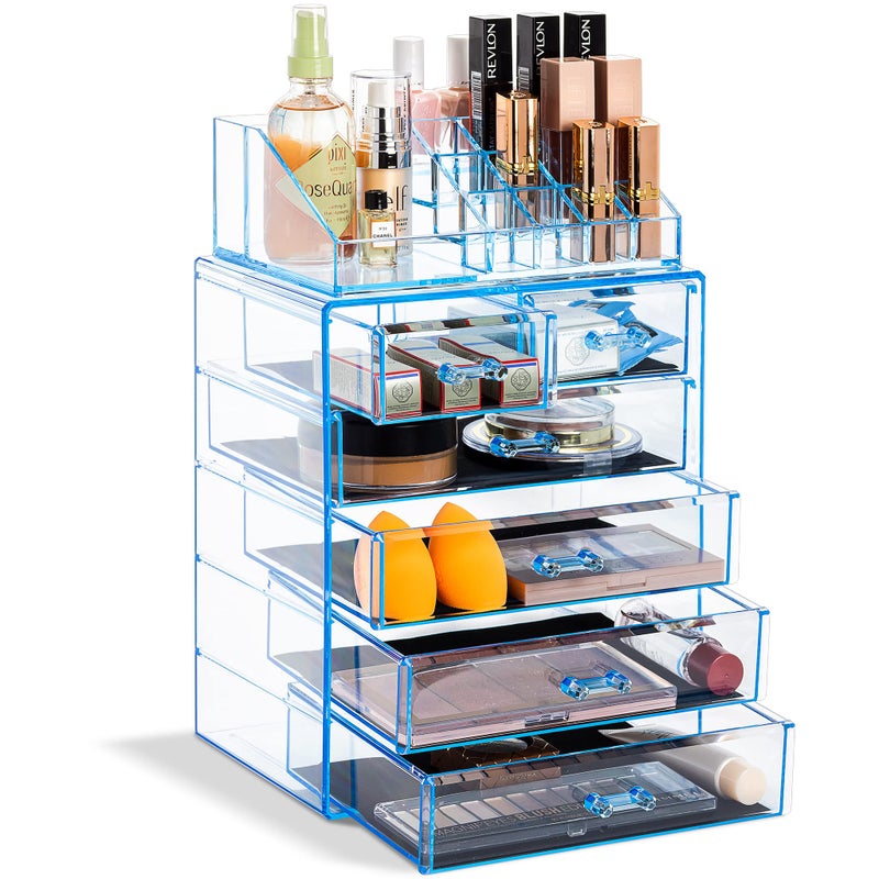 Sorbus Clear Cosmetic Makeup Organizer Make Up Jewelry Storage Case Display Spacious Design Great for Dresser Bathroom Vanity Countertop 4 Large 2 Small Drawers Blue Brilliance